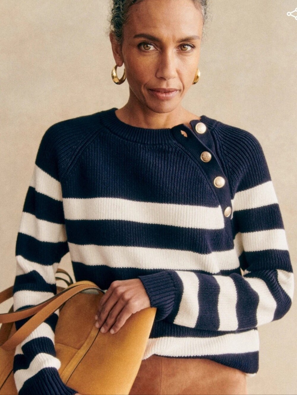 Sezane Gary Sweater Navy Ecru Stripe Buttons Long Sleeves Small NWT